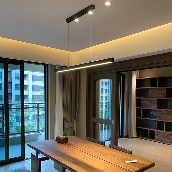 Minimalist modern chandelier—sleek strip light for dining rooms, bars, or office spaces.