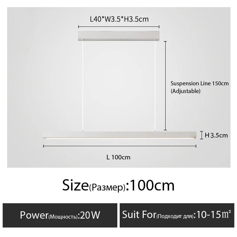 Minimalist modern chandelier—sleek strip light for dining rooms, bars, or office spaces.