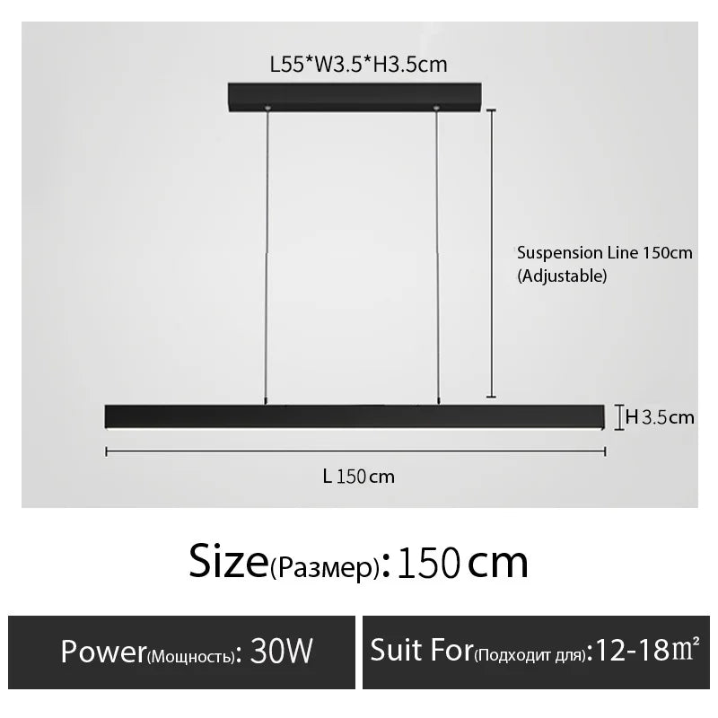 Minimalist modern chandelier—sleek strip light for dining rooms, bars, or office spaces.