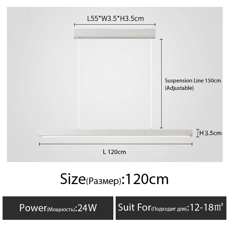 Minimalist modern chandelier—sleek strip light for dining rooms, bars, or office spaces.