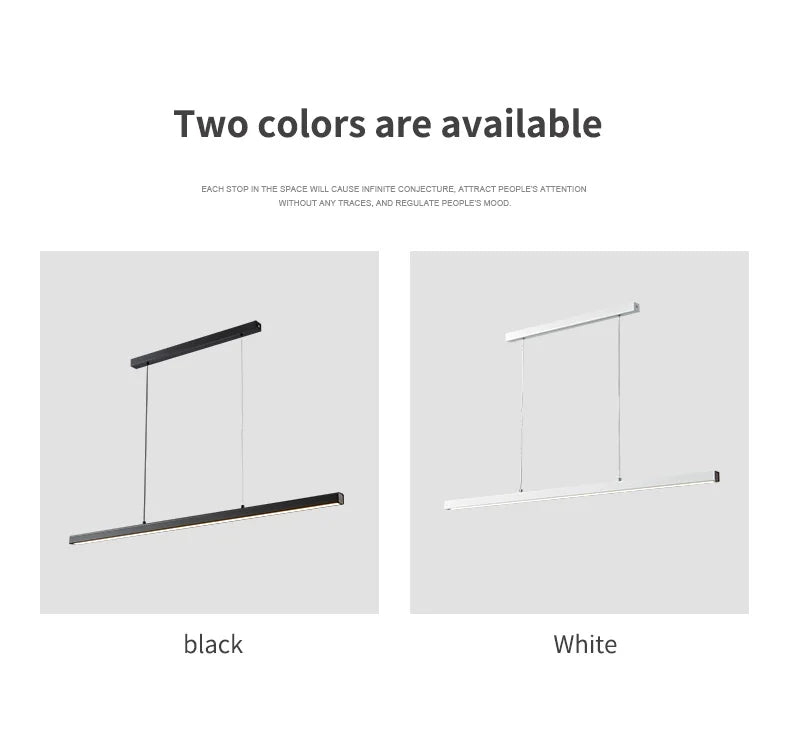 Minimalist modern chandelier—sleek strip light for dining rooms, bars, or office spaces.