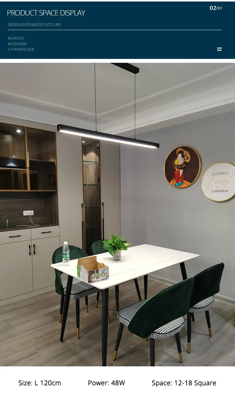 Minimalist modern chandelier—sleek strip light for dining rooms, bars, or office spaces.