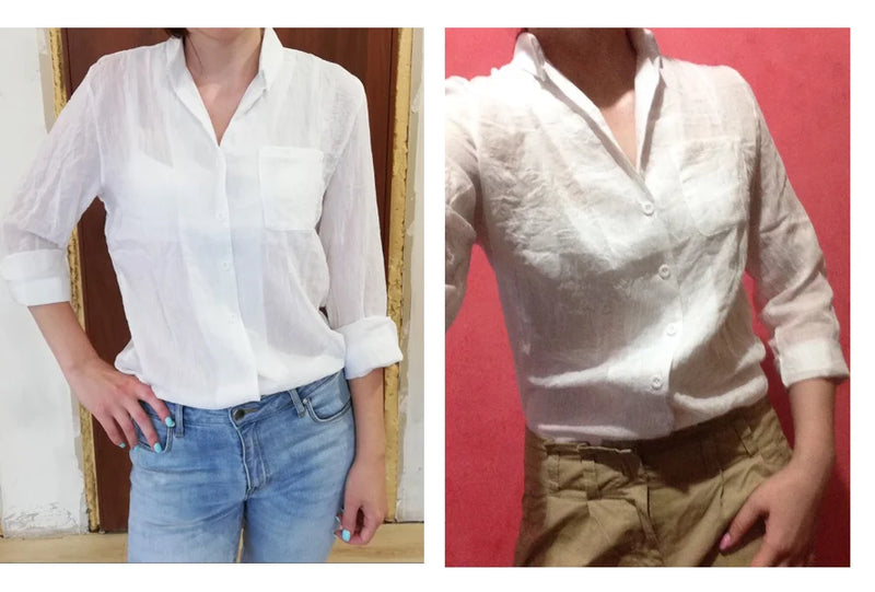 Women's linen long-sleeve white shirt—lightweight, stylish, and perfect for summer fashion."