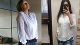 Women's linen long-sleeve white shirt—lightweight, stylish, and perfect for summer fashion."