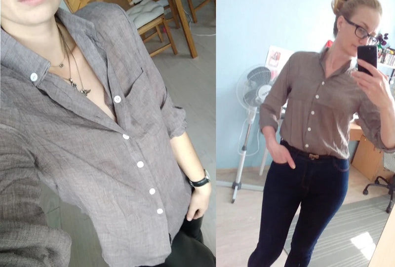 Women's linen long-sleeve white shirt—lightweight, stylish, and perfect for summer fashion."