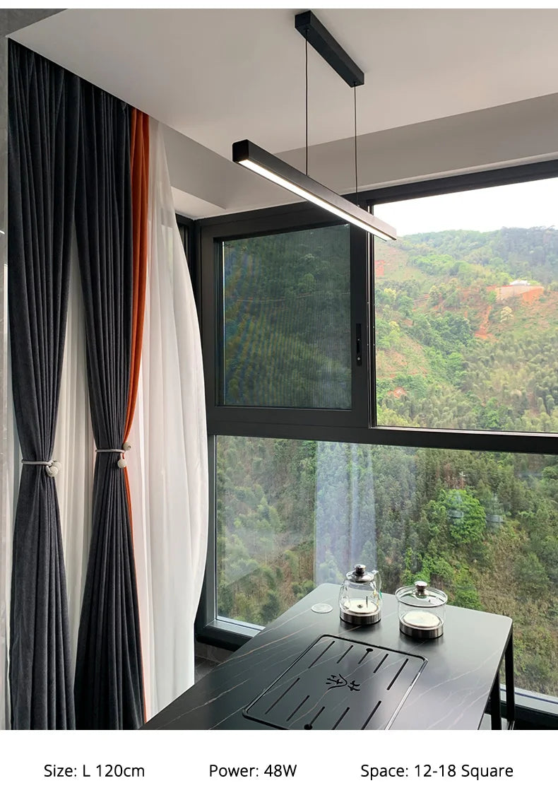 Minimalist modern chandelier—sleek strip light for dining rooms, bars, or office spaces.