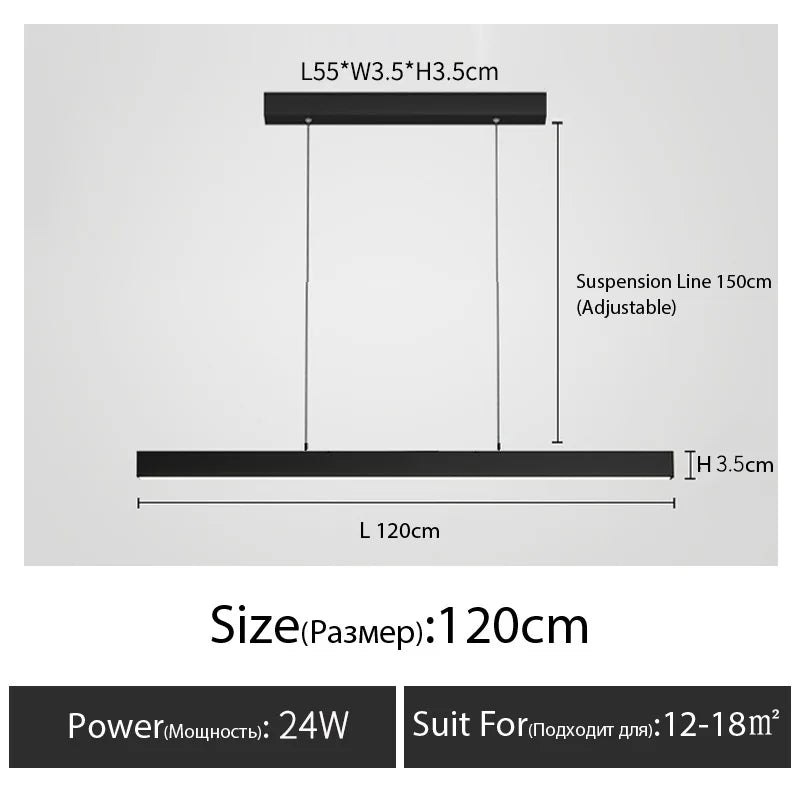 Minimalist modern chandelier—sleek strip light for dining rooms, bars, or office spaces.