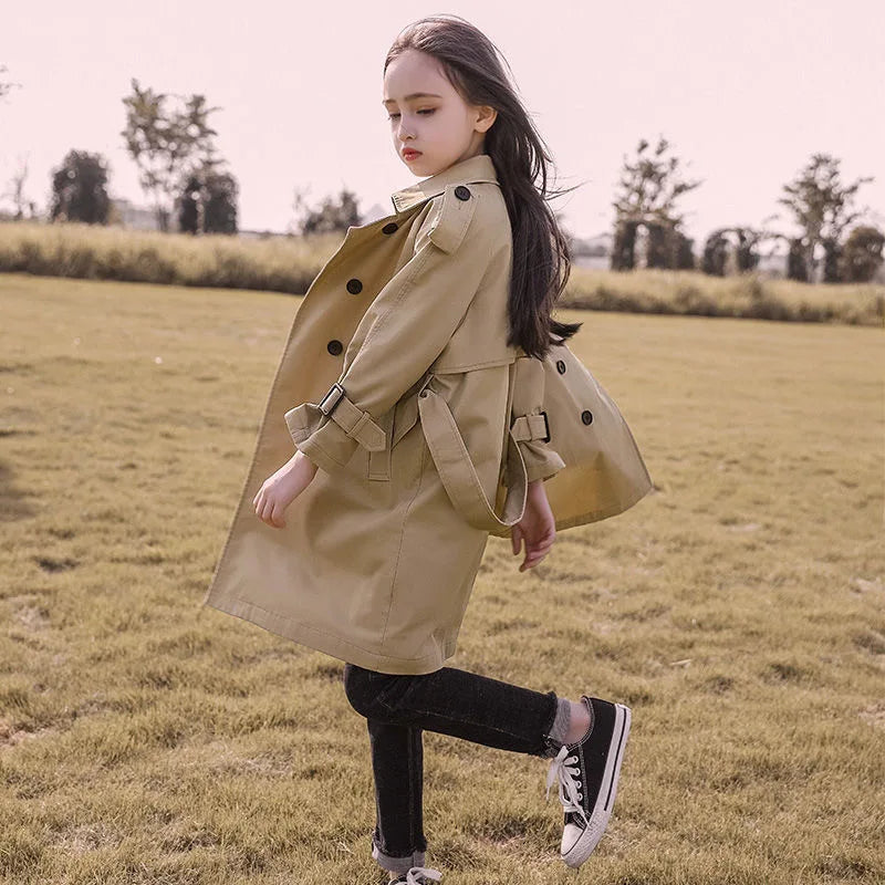 4-13Y Teen Girls Long Trench Coats New Fashion England Style Windbreaker Jacket For Girls Spring Autumn Children's Clothing