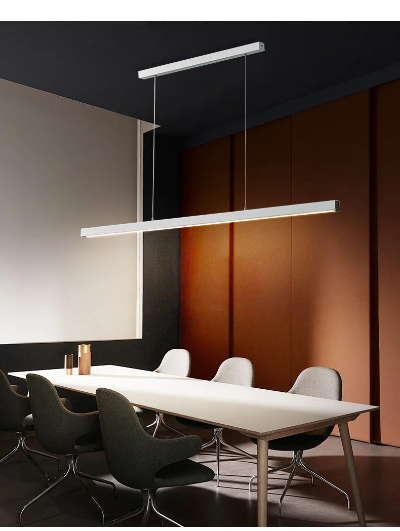 Minimalist modern chandelier—sleek strip light for dining rooms, bars, or office spaces.
