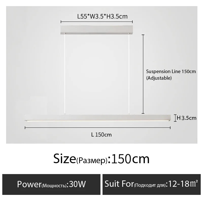 Minimalist modern chandelier—sleek strip light for dining rooms, bars, or office spaces.