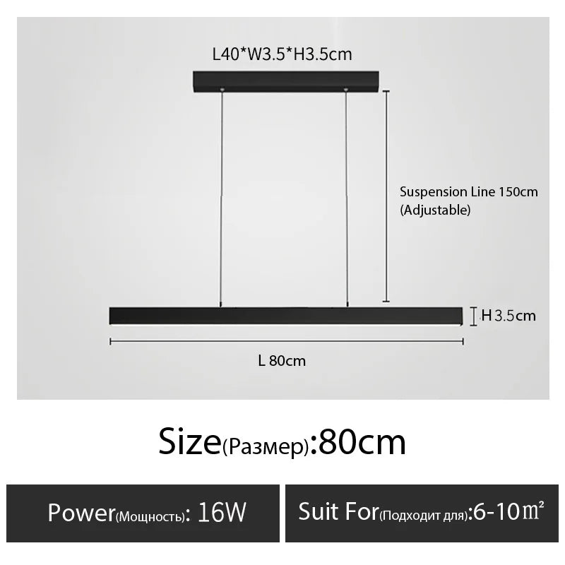 Minimalist modern chandelier—sleek strip light for dining rooms, bars, or office spaces.