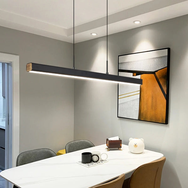 Minimalist modern chandelier—sleek strip light for dining rooms, bars, or office spaces.