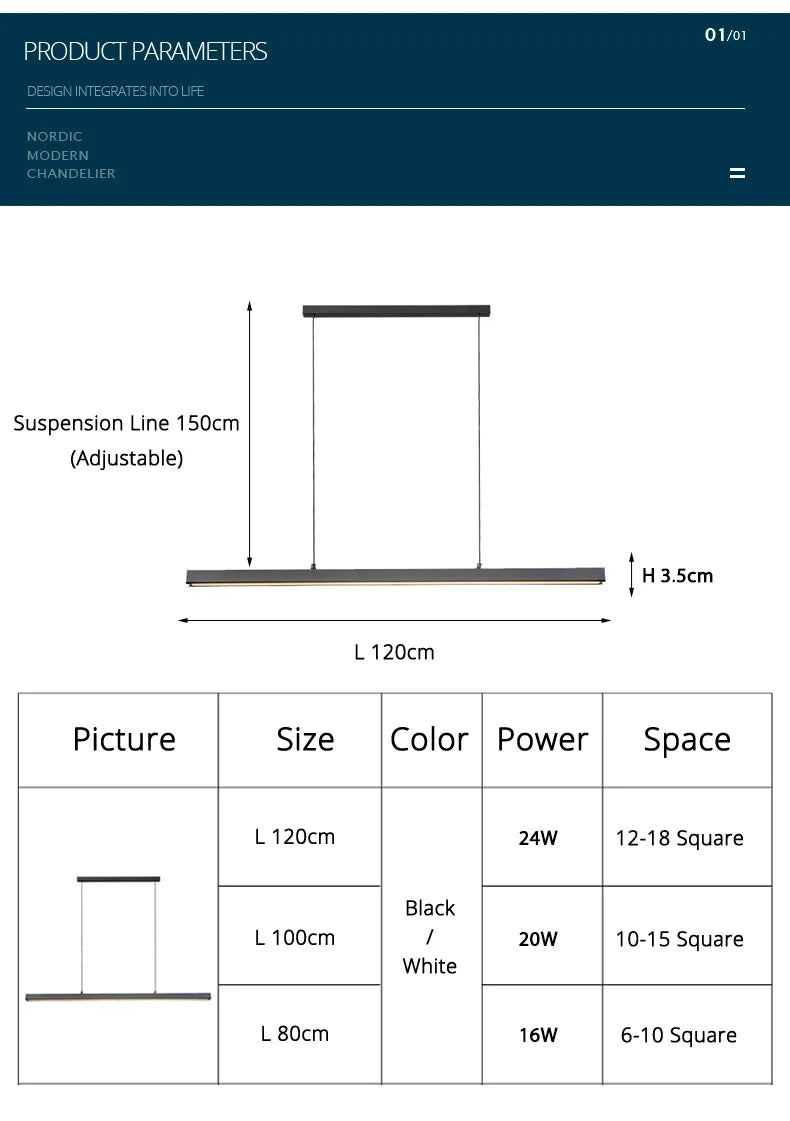 Minimalist modern chandelier—sleek strip light for dining rooms, bars, or office spaces.