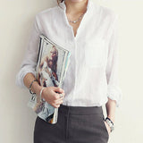 Women's linen long-sleeve white shirt—lightweight, stylish, and perfect for summer fashion."
