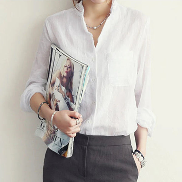 Women's linen long-sleeve white shirt—lightweight, stylish, and perfect for summer fashion."