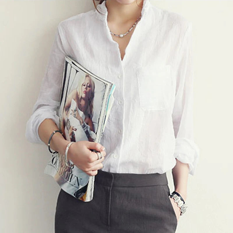 Women's linen long-sleeve white shirt—lightweight, stylish, and perfect for summer fashion."