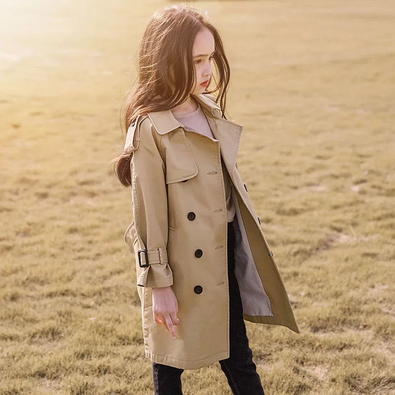 4-13Y Teen Girls Long Trench Coats New Fashion England Style Windbreaker Jacket For Girls Spring Autumn Children's Clothing
