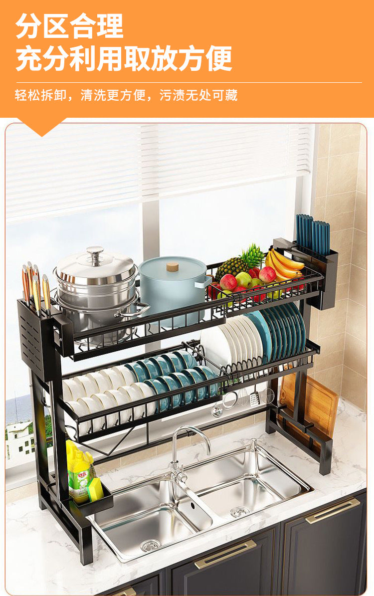 "Multifunctional stretchable kitchen shelf—above-sink draining rack for bowls, dishes, and utensils."