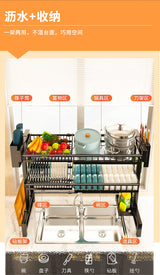 "Multifunctional stretchable kitchen shelf—above-sink draining rack for bowls, dishes, and utensils."