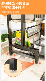 "Multifunctional stretchable kitchen shelf—above-sink draining rack for bowls, dishes, and utensils."