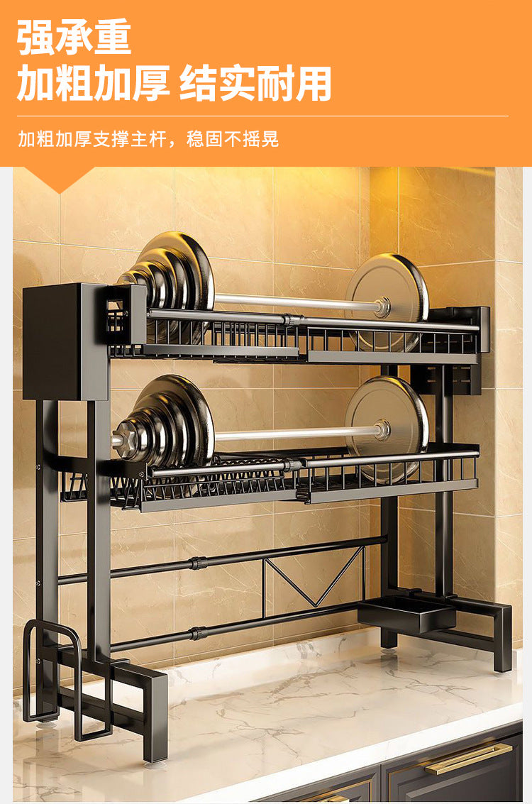 "Multifunctional stretchable kitchen shelf—above-sink draining rack for bowls, dishes, and utensils."