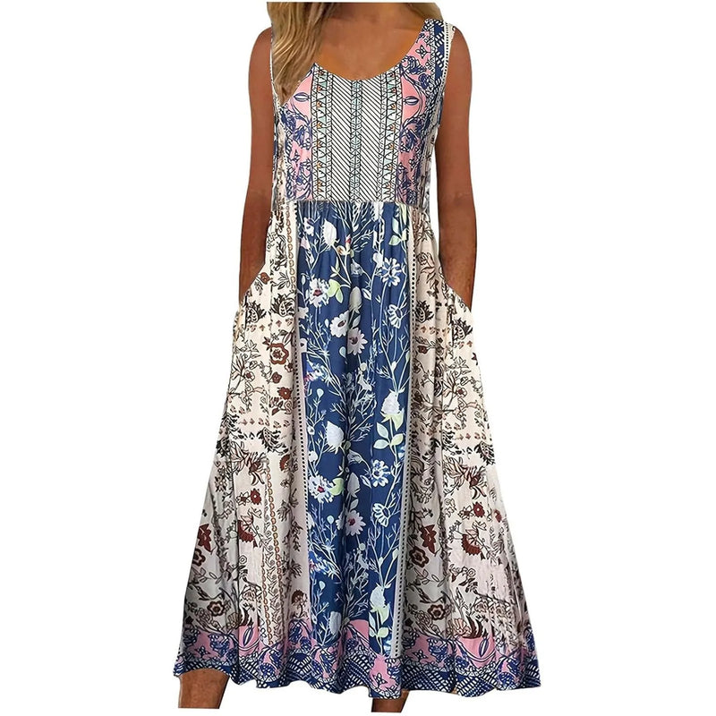 Vintage printed sleeveless maxi dress with pockets—casual, comfy, and perfect for summer style.