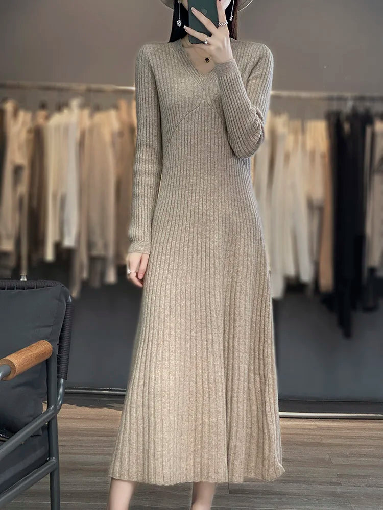 100% Merino wool cashmere dress—V-neck pullover style, warm and stylish for autumn and winter