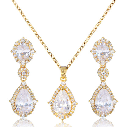 "Elegant zircon jewelry set with necklace and water drop earrings—perfect for brides and special occasions."