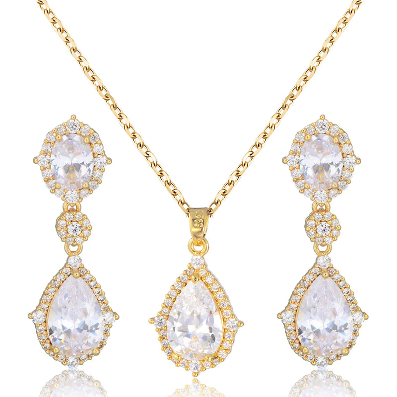 "Elegant zircon jewelry set with necklace and water drop earrings—perfect for brides and special occasions."
