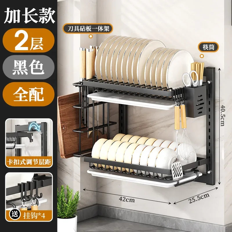 Wall-mounted no-hole kitchen dish rack—multifunctional storage for plates, chopsticks, knives, and cups."