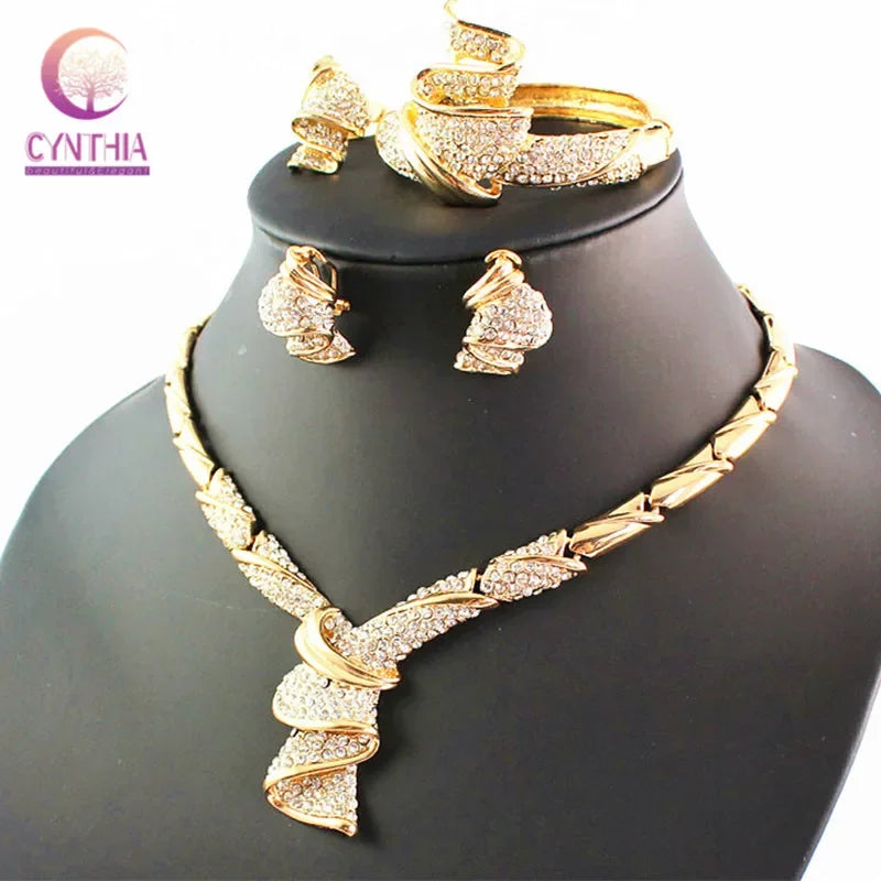 Jewelry Sets African Beads Collar Statement Necklace Earrings Bangle Fine Rings For Women Rhinestone