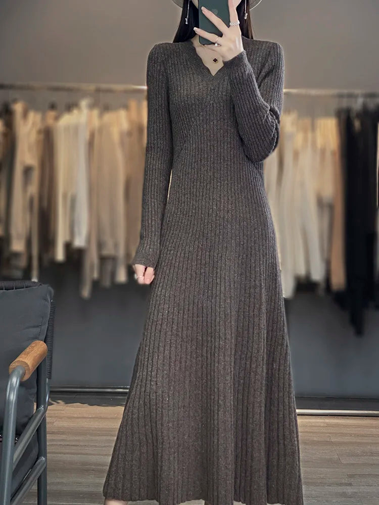 100% Merino wool cashmere dress—V-neck pullover style, warm and stylish for autumn and winter