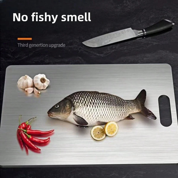 "1pc titanium alloy double-sided stainless steel chopping board—durable and perfect for kitchen and dining.