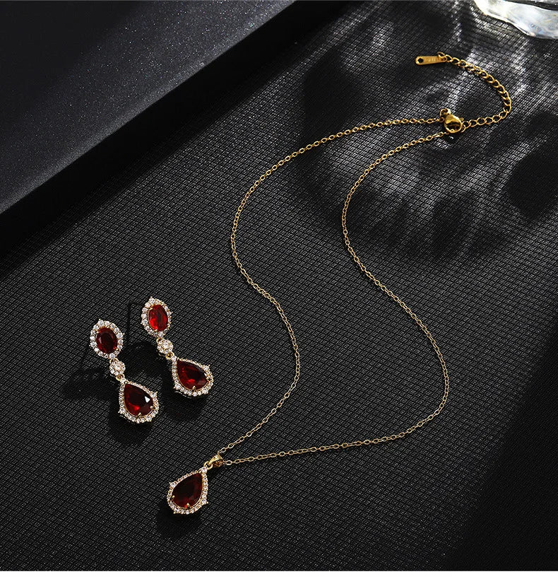 "Elegant zircon jewelry set with necklace and water drop earrings—perfect for brides and special occasions."