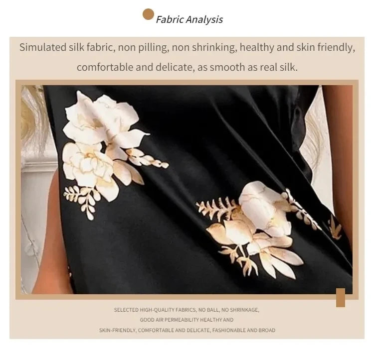Women Nightwear Home Clothes Sexy Black Floral Printing Nightdress Sleepwear Nightshirts Silk Sleepshirts
