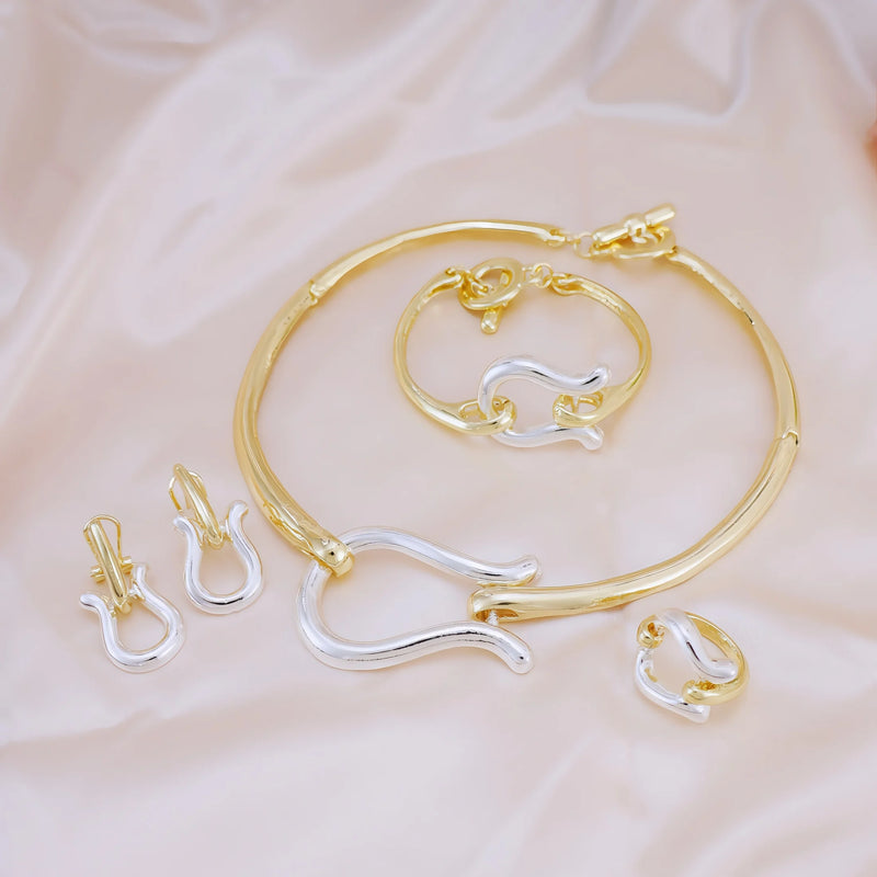 Fashion Jewelry Sets For Women Gold Color Choker Necklace Earrings Bracelets Ring Wedding Set Party
