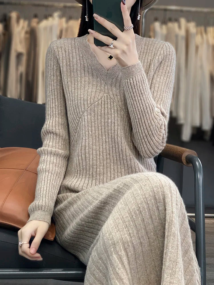 100% Merino wool cashmere dress—V-neck pullover style, warm and stylish for autumn and winter