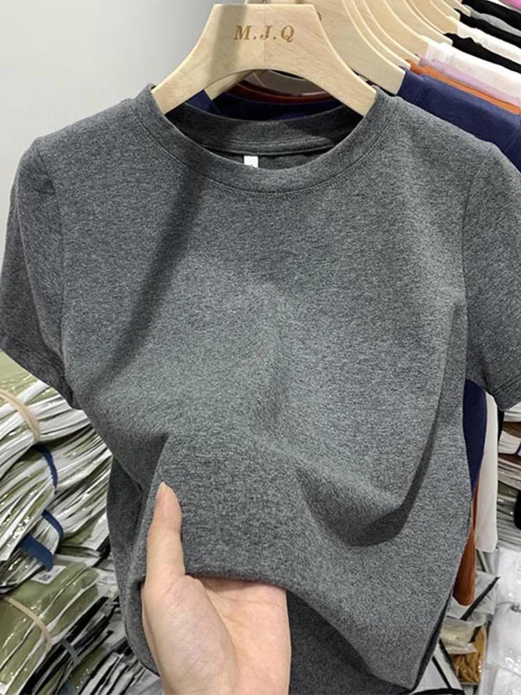 White cotton Y2K-style T-shirt for women—short sleeves, comfy fit, and perfect for spring