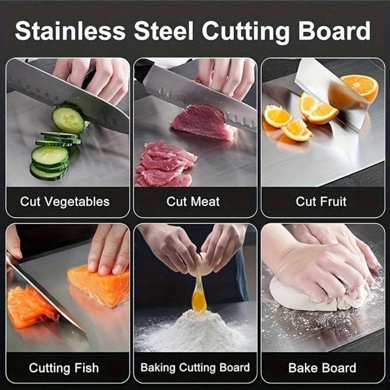 "1pc titanium alloy double-sided stainless steel chopping board—durable and perfect for kitchen and dining.