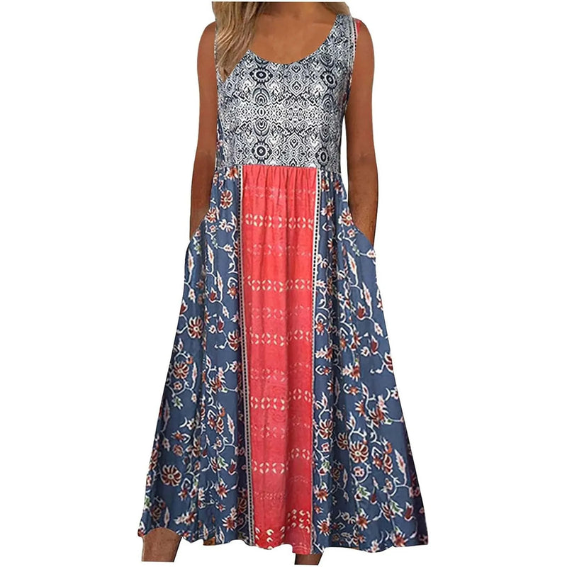 Vintage printed sleeveless maxi dress with pockets—casual, comfy, and perfect for summer style.