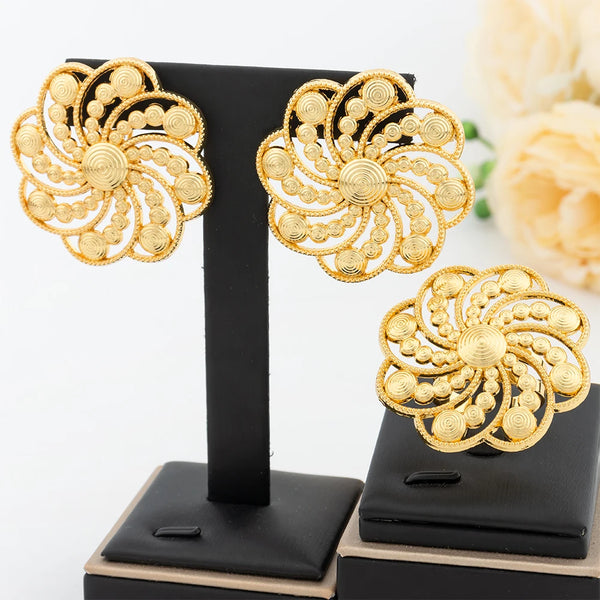 Dubai Jewelry Sets for Women, Flower Earrings and Adjustable Rings Italian Wedding Gifts 18K Gold Color