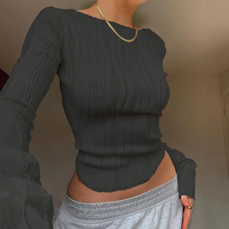 Y2K casual ruched long-sleeve cropped T-shirt—white, skinny fit, perfect for autumn layering