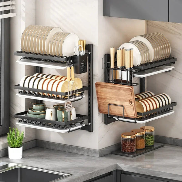 Wall-mounted no-hole kitchen dish rack—multifunctional storage for plates, chopsticks, knives, and cups."