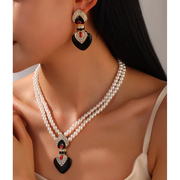 Bride Wedding Jewelry Set Elegant Enamel Rhinestone Love Imitation Pearl Beaded Necklace and Earrings