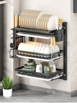 Wall-mounted no-hole kitchen dish rack—multifunctional storage for plates, chopsticks, knives, and cups."