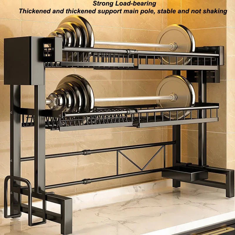 "Multifunctional stretchable kitchen shelf—above-sink draining rack for bowls, dishes, and utensils."