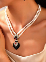 Bride Wedding Jewelry Set Elegant Enamel Rhinestone Love Imitation Pearl Beaded Necklace and Earrings