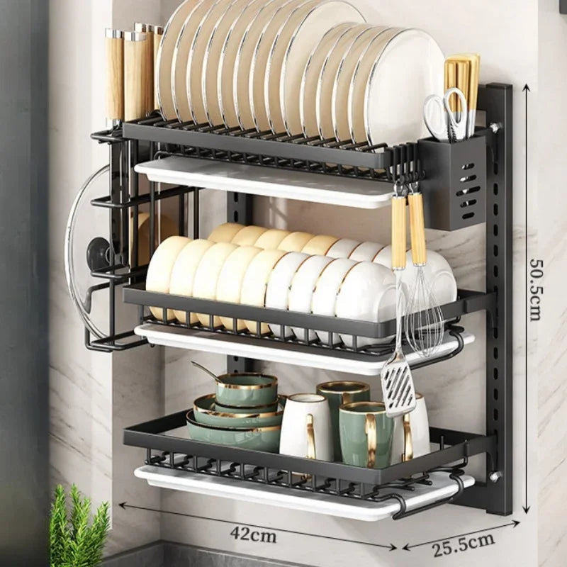 Wall-mounted no-hole kitchen dish rack—multifunctional storage for plates, chopsticks, knives, and cups."