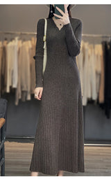 100% Merino wool cashmere dress—V-neck pullover style, warm and stylish for autumn and winter