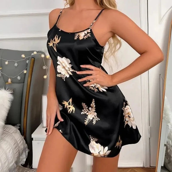 Women Nightwear Home Clothes Sexy Black Floral Printing Nightdress Sleepwear Nightshirts Silk Sleepshirts